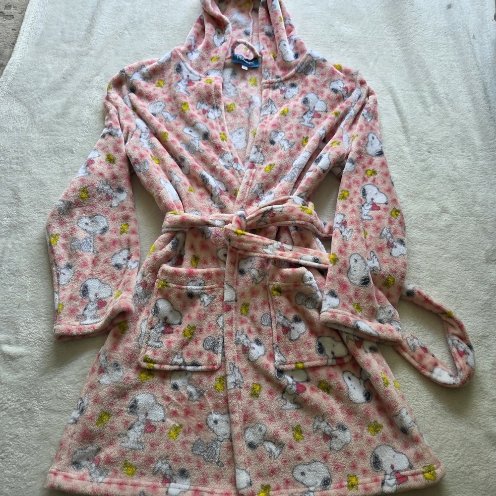 Peanuts Robe Womens L/XL Pink Snoopy Woodstock Hooded Fleece Lounge